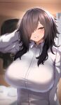  1girl black_choker blurry blurry_background blush breasts brown_hair choker collared_shirt grey_eyes hair_over_one_eye hand_in_own_hair highres large_breasts mole mole_under_eye mole_under_mouth original shirt solo tylwing upper_body white_shirt 