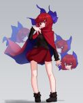  1girl absurdres black_footwear black_shirt blue_bow bow cape cloak commentary_request commission disembodied_head floating_head full_body hair_bow high_collar highres looking_at_viewer miniskirt multiple_heads red_cloak red_eyes red_hair red_skirt sekibanki shirt short_hair simple_background skeb_commission skirt solo touhou zakozako_y 