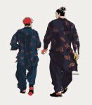  2boys alternate_costume black_hair couple facing_away full_body height_difference highres itadori_yuuji japanese_clothes jujutsu_kaisen kimono male_focus multiple_boys nandemotokasu print_kimono scar scar_across_eye short_hair sideburns toudou_aoi_(jujutsu_kaisen) undercut walking_away yaoi 