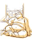  2023 anthro barely_visible_genitalia barely_visible_penis belly big_belly clothed clothing detailed_background eyewear felid feline genitals glasses kemono male mammal navel overweight overweight_male partially_clothed penis shirt sitting smoking solo takagi_kyou topwear underwear underwear_down 