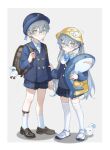  &gt;_&lt; 1boy 1girl :d aged_down backpack bag bag_charm black_footwear blue_bow blue_bowtie blue_hair blue_headwear blue_jacket blue_ribbon blue_shirt blue_shorts blush border bow bowtie brown_bag buttons charm_(object) closed_eyes closed_mouth collared_shirt commentary double-breasted earrings english_commentary expressionless eyelashes full_body genderswap genderswap_(mtf) glasses gold_earrings gradient_hair grey_background grey_hair hair_between_eyes hair_ornament hair_ribbon hairclip hand_up hat highres holding holding_stuffed_toy ike_eveland ikea_shark ivy_eveland jacket jewelry kneehighs lapels loafers long_hair long_sleeves looking_at_viewer miniskirt multicolored_hair nijisanji nijisanji_en octagonal_eyewear on_head open_mouth plaid plaid_shirt plaid_skirt pleated_skirt puffy_long_sleeves puffy_sleeves quildren_(ike_eveland) randoseru ribbon round_eyewear school_uniform semi-rimless_eyewear shadow shirt shoes short_hair short_shorts shorts shoulder_bag sidelocks simple_background skirt smile socks standing stuffed_animal stuffed_shark stuffed_toy twintails under-rim_eyewear virtual_youtuber white_border white_footwear white_shirt white_socks yee_(yee45913139) yellow_bag yellow_eyes yellow_headwear 