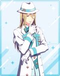  1boy aqua_bow aqua_bowtie blonde_hair bow bowtie fedora formal gloves hair_between_eyes hat idolmaster idolmaster_side-m idolmaster_side-m_growing_stars koron_chris long_sleeves male_focus official_art one_eye_closed simple_background smile thumb_to_mouth 