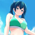  1girl bare_arms bare_shoulders bikini blue_eyes blue_hair blush breasts cleavage closed_mouth collarbone green_bikini hair_between_eyes hair_ribbon highres kantai_collection large_breasts long_hair ribbon smile solo sosser souryuu_(kancolle) swimsuit twitter_username upper_body white_ribbon 