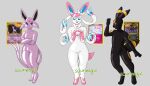  &lt;3 &lt;3_eyes ambiguous_gender anthro clothing eeveelution espeon generation_2_pokemon generation_6_pokemon gesture glistening glistening_body group grumpy latex nintendo pokemon pokemon_(species) rubber rubber_clothing rubber_suit smile sourmagic suit suiting surprise surprised_expression sylveon transformation umbreon waving 