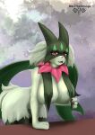  2023 anthro areola big_breasts breasts cute_fangs digital_media_(artwork) felid female generation_9_pokemon green_body green_hair hair hi_res leaning leaning_forward looking_at_viewer mammal mask meowscarada mik3thestrange nintendo nipple_outline open_mouth pokemon pokemon_(species) red_eyes simple_background smile solo 