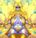  2020 9_tails absurd_res armwear blonde_hair breasts butt_from_the_front camel_toe canid canine clothing female fox gausscannon gold_(metal) gold_jewelry hair hi_res jewelry legwear looking_at_viewer mammal multi_tail navel nipple_outline solo tail 