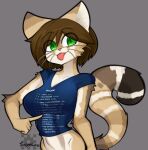  anthro breasts clothed clothing domestic_cat e621 e621_tags felid feline felis gesture green_eyes hair helia_peppercats hi_res joeydrawss mammal pointing pointing_at_self short_hair simple_background tag text text_on_clothing tongue tongue_out 