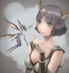  2girls animal_ear_fluff animal_ears antennae avatar_(ff11) breasts bright_pupils cactus41747280 cat_ears cat_girl cleavage closed_mouth collarbone facial_mark fairy final_fantasy final_fantasy_xi green_hair grey_eyes grey_hair hand_up highres index_finger_raised insect_wings medium_breasts mini_person minigirl mithra_(ff11) multiple_girls no_eyebrows no_nipples pink_lips short_hair smile whisker_markings white_pupils wings 