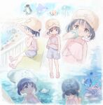  1girl 1other absurdres arikomen baseball_cap blue_eyes blue_hair blue_shorts child commentary disembodied_limb hat highres multiple_views open_mouth original peaked_cap pink_shirt sandals shirt short_hair shorts sitting sleeveless sleeveless_shirt toes twintails yellow_headwear 