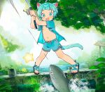  1boy animal_ears blue_eyes blue_hair blue_shorts cat_boy cat_ears cat_tail child commission day english_commentary english_text fish fishing fishing_hook fishing_line fishing_rod highres holding holding_fishing_rod male_child male_focus nemui_(nemuriyagi) nipples open_clothes open_shirt original outdoors river sandals second-party_source shorts solo star_(symbol) tail unbuttoned water 