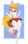  1girl abysswatchers animal_ear_fluff animal_ears arms_up ass_visible_through_thighs barefoot bikini blonde_hair breasts commission fox_ears fox_girl fox_tail full_body groin highres looking_at_viewer medium_breasts midriff navel ribbon-trimmed_clothes ribbon_trim senko_(sewayaki_kitsune_no_senko-san) sewayaki_kitsune_no_senko-san short_hair solo swimsuit tail thigh_gap yellow_eyes 