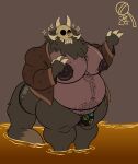  2023 3_fingers absurd_res anthro beard belly belly_hair big_belly big_breasts big_butt big_nipples big_pecs body_hair bone bottomless breasts brown_clothing brown_jacket brown_topwear butt butt_hair chest_hair clothed clothing coruki countershading disney eyes_closed facial_hair fingers fluffy fluffy_tail fur grey_background grey_body grey_fur hairy hi_res huge_butt huge_nipples jacket liquid long_tail male multicolored_body multicolored_fur navel nipples overweight overweight_anthro overweight_male papa_titan_(the_owl_house) partially_submerged pecs pubes shirtless signature simple_background skull skull_head solo sparkles standing standing_in_liquid standing_in_water tail teeth the_owl_house thick_thighs titan_(the_owl_house) topwear two_tone_body two_tone_fur wide_hips 