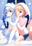  2girls absurdres blue_eyes blue_hair blush dian_zhi_sang gochuumon_wa_usagi_desu_ka? highres hoto_cocoa indoors kafuu_chino long_hair looking_at_viewer multiple_girls night on_bed open_mouth orange_hair sleepwear socks star_(symbol) tippy_(gochiusa) white_socks 