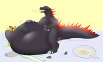  3_toes 4_fingers anthro belly big_belly birthday black_body claws digestion feet fingers godzilla godzilla_(series) hi_res hyper hyper_belly ingeir_palar inside lizard male open_mouth plate reptile same_size_vore scalie solo tail toes toho vore watermark white_claws 