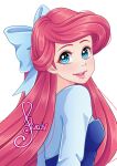  1girl ariel_(disney) artist_name blue_bow blue_dress blue_eyes bow dress giugiucchi hair_bow highres long_hair looking_at_viewer open_mouth red_hair signature simple_background solo the_little_mermaid upper_body watermark white_background 