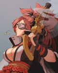  1girl absurdres baiken big_hair black_jacket black_kimono breasts cleavage ehkcaio eyepatch facial_tattoo guilty_gear guilty_gear_strive gun highres holding holding_gun holding_weapon jacket jacket_on_shoulders japanese_clothes kataginu kimono large_breasts long_hair multicolored_clothes multicolored_kimono one-eyed open_clothes open_kimono pink_hair ponytail samurai scar scar_across_eye tattoo weapon white_kimono 