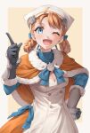  1girl annette_fantine_dominic bandana black_gloves blue_eyes braid breasts cape cleavage dress facing_viewer fire_emblem fire_emblem:_three_houses fire_emblem_warriors:_three_hopes fur-trimmed_cape fur_trim gloves hand_on_own_hip index_finger_raised looking_at_viewer official_alternate_costume one_eye_closed open_mouth open_smile orange_cape orange_hair small_breasts smile solo ten_(tenchan_man) vambraces white_dress 