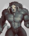  absurd_res anthro big_pecs bodily_fluids bone bulge canid claws drooling earthist front_view fur glowing-eyes grey_body grey_fur hi_res male mammal muscular muscular_anthro muscular_male pants_only pecs red_eyes saliva shirtless skull skull_head solo standing tongue tongue_out 