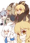  5girls :&lt; animal_ears barbary_lion_(kemono_friends) big_hair blonde_hair blue_eyes blush brown_eyes brown_hair cape_lion_(kemono_friends) cave_lion_(kemono_friends) center_frills closed_mouth dark-skinned_female dark_skin detached_sleeves drooling empty_eyes eyelashes fangs frills fur_collar gloves grey_hair hair_between_eyes half-closed_eyes kemono_friends kishida_shiki leaning_forward lion_(kemono_friends) lion_ears looking_at_viewer mouth_drool multicolored_hair multiple_girls necktie open_clothes open_mouth open_vest paw_pose shirt short_sleeves signature simple_background sleepy smile tan vest white_background white_hair white_lion_(kemono_friends) yellow_eyes 