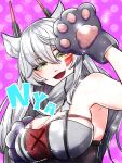  1girl absurdres animal_ears animal_hands arm_up armpit_crease breasts cat_ears cat_paws cleavage cropped_shirt hand_on_own_chest highres large_breasts long_hair looking_at_viewer open_mouth red_shirt shirt smile solo terumi_illust two-tone_shirt virtual_youtuber vshojo white_hair white_shirt yellow_eyes zentreya_(vtuber) zentreya_(vtuber)_(cyborg) zentreya_(vtuber)_(cyborg)_(2nd_costume) 