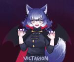  1girl absurdres alternate_costume animal_ears bat_wings blue_hair cloak dire_wolf_(kemono_friends) extetvictarion extra_ears fang grey_eyes highres kemono_friends kemono_friends_v_project long_hair looking_at_viewer necktie ribbon shirt simple_background skirt sky solo star_(sky) starry_sky tail twintails upper_body vampire_costume virtual_youtuber wings wolf_ears wolf_girl wolf_tail 