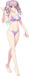  1girl barefoot bikini breasts drill_hair full_body large_breasts long_hair looking_at_viewer mikoshiba_saria navel non-web_source official_art photoshop_(medium) pink_hair red_eyes saimin_datsujo_4 smile solo swimsuit tachi-e transparent_background twintails yoshino_keiko 