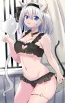  1girl absurdres animal_ears bell bikini black_bikini black_hairband blue_eyes breasts cat_ears cat_lingerie cat_tail cleavage clothing_cutout commentary cowboy_shot daru_(kumakumadon) frilled_bikini frills ghost grey_hair hairband heart_cutout highres indoors konpaku_youmu konpaku_youmu_(ghost) large_breasts looking_at_viewer meme_attire navel neck_bell open_mouth short_hair solo standing swimsuit tail thigh_strap touhou 