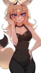  1girl animal_ears black_dress blonde_hair blush breasts cleavage dress fox_ears fox_girl fox_tail hair_ornament highres hololive looking_at_viewer multicolored_hair omaru_polka purple_eyes simple_background solo tail virtual_youtuber white_background yuuppi 