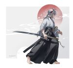  1boy barefoot black_hakama closed_mouth copyright_name from_side full_body genshin_impact grey_hair hair_between_eyes hakama highres holding holding_sword holding_weapon japanese_clothes kaedehara_kazuha katana male_focus ponytail profile red_eyes red_hair solo standing sword twitter_username vidoakdame weapon white_hair wide_sleeves 