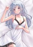  1girl bare_shoulders bed_sheet black_bow blush bow breasts cleavage collarbone commentary_request commission dress frilled_dress frills grey_hair hand_on_own_chest hand_up highres indie_virtual_youtuber kohinata_natsume leg_up long_hair looking_at_viewer lying medium_breasts mole mole_under_eye nakaji_(user_snap3353) on_back second-party_source skeb_commission smile solo swept_bangs virtual_youtuber white_dress 