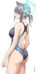  1girl absurdres animal_ears ass back_cutout bare_arms bare_shoulders blue_archive blue_eyes breasts cat_ears clothing_cutout commentary competition_swimsuit cowboy_shot cross_hair_ornament grey_hair hair_ornament highres large_breasts one-piece_swimsuit parted_lips pinnn ponytail racerback shiroko_(blue_archive) short_hair sidelocks simple_background solo standing swimsuit thighs white_background 