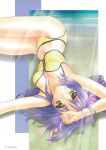  1girl artist_name beach bikini hair_ribbon kimizuka_aoi light_rays long_hair looking_at_viewer lying navel on_back original photoshop_(medium) purple_hair ribbon smile solo swimsuit yellow_bikini yellow_eyes 