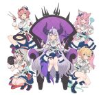  5girls ahoge animal_ear_fluff animal_ears ankle_boots antenna_hair back_bow black_hair blonde_hair blue_eyes blue_shorts blue_skirt blue_socks blush bobby_socks boots bow bow_skirt bowtie braid braided_bangs corset crown_braid demon_girl demon_horns fang frilled_skirt frills grey_hair hair_between_eyes hair_bun hair_ornament hairband hakui_koyori head_wings hexagon_hair_ornament high_heel_boots high_heels highres hololive hololive_idol_uniform_(bright) holox horns jacket kazama_iroha la+_darknesss large_bow layered_skirt licking_lips long_hair looking_at_viewer medium_hair miniskirt multicolored_hair multiple_girls open_mouth overskirt pink_hair pointy_ears ponytail puffy_short_sleeves puffy_sleeves purple_eyes purple_hair red_eyes sakamata_chloe sash shirt short_hair short_sleeves shorts skin_fang skirt smile socks streaked_hair striped_horns tail takane_lui thigh_strap tongue tongue_out two-sided_fabric two-sided_skirt underbust very_long_hair vinhnyu virtual_youtuber waist_bow white_jacket white_shirt white_skirt winged_footwear wings wolf_ears wolf_girl wolf_tail x_hair_ornament yellow_eyes 