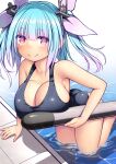  1girl black_one-piece_swimsuit blue_hair breasts cleavage hair_ribbon highres i-19_(kancolle) kantai_collection kuromayu large_breasts long_hair one-piece_swimsuit red_eyes ribbon school_swimsuit solo star-shaped_pupils star_(symbol) swimsuit symbol-shaped_pupils torpedo tri_tails wading water 