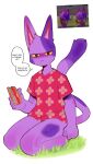  animal_crossing anthro biped black_eyes bob_(animal_crossing) bottomless clothed clothing dialogue domestic_cat english_text felid feline felis food fur hi_res holding_food holding_object kneeling looking_at_viewer male mammal nintendo purple_body purple_fur sandwich_(food) simple_background sincastermon solo speech_bubble text white_background yellow_sclera 