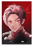  1boy black_hair code_zero_uniform dated kurusu_shutaro light_smile looking_at_viewer makoto1009 male_focus mars_red military_uniform parted_bangs portrait red_background red_eyes short_hair signature uniform v-shaped_eyebrows vampire 