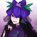  1girl black_hair china_dress chinese_clothes dress flower flower_on_head gradient_background long_hair looking_at_viewer one_eye_covered open_mouth portrait purple_dress purple_eyes purple_flower signature smile solo touhou vine_print xianyujunzhimiyingla yomotsu_hisami 