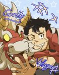  2boys bara beard black_hair black_tank_top blank_eyes colored_skin curled_horns dragon_horns facial_hair forked_eyebrows furry furry_male furry_with_non-furry gardie_(otsukimi) heads_together horns huge_eyebrows interspecies kouhei_(otsukimi) large_hands laughing lion_hair looking_at_viewer male_focus multiple_boys muscular muscular_male one_eye_closed open_hand open_mouth original otsukimi pectorals red_skin short_hair sideburns size_difference tank_top thick_eyebrows waving yaoi 