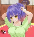  1girl alternate_hairstyle arms_up ball basketball_(object) basketball_court blue_hair blurry blurry_background blush breasts casual closed_mouth collarbone commentary_request eyelashes eyes_visible_through_hair fur_cuffs gradient_hair green_shirt hair_between_eyes hair_ornament hairclip highres indoors kohibari_kurumi large_breasts lips long_hair looking_at_viewer multicolored_hair pink_hair ponytail shirt short_sleeves smile solo tenshi_souzou tsubatyissimo2 very_long_hair white_wrist_cuffs x_hair_ornament yellow_eyes 