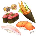  +_+ 0_0 :3 animal artist_name chibi chibi_inset chopsticks closed_mouth commentary_request cucumber dog fish_(food) food food_focus gunkanmaki hands_on_own_cheeks hands_on_own_face hands_up happy holding holding_chopsticks lettuce nigirizushi original rice roe salmon sheep signature simple_background smile spring_onion sushi temakizushi tongue tongue_out white_background white_eyes yuki00yo 