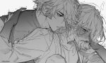  2boys alhaitham_(genshin_impact) artist_name blush breath genshin_impact greyscale hair_between_eyes hair_over_one_eye highres kaveh_(genshin_impact) male_focus monochrome multiple_boys nose_blush shirt simple_background sketch tears upper_body yaoi yuelight 