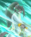  2021 anthro black_hair clothed clothing ddgio felid fully_clothed fur green_eyes grey_body grey_fur hair hi_res holding_object holding_sword holding_weapon looking_at_viewer mammal melee_weapon robe solo sword weapon 