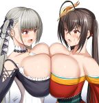  2girls absurdres ahoge anger_vein asymmetrical_docking azur_lane bare_shoulders between_breasts bird_mask black_hair blush breast_contest breast_press breasts cleavage clothing_cutout detached_collar formidable_(azur_lane) gekisum grey_hair hair_ribbon highres huge_breasts japanese_clothes kimono mask multiple_girls necktie necktie_between_breasts off_shoulder open_mouth red_eyes red_kimono red_ribbon ribbon shoulder_cutout sweat taihou_(azur_lane) twintails two-tone_dress two-tone_ribbon 