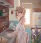  1girl absurdres animal_ears artist_name blue_eyes blurry blurry_background bottle bowl breasts brown_hair coffee_bag commentary commission flower highres indoors long_hair looking_at_viewer medium_breasts milk_carton original oven_mitts refrigerator see-through senegalus_c standing symbol-only_commentary tail 