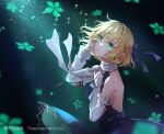  1girl blonde_hair blue_dress breasts crying crying_with_eyes_open dress green_eyes hair_between_eyes medium_breasts mizuhashi_parsee parted_lips pointy_ears scarf see-through see-through_sleeves shironeko_yuuki short_hair solo tears touhou upper_body white_scarf 