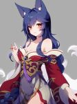  1girl ahri_(league_of_legends) animal_ears bare_shoulders black_hair braid breasts cleavage collarbone facial_mark fox_ears fox_shadow_puppet fox_tail fuiyu_(feuille0818) grey_background highres korean_clothes large_breasts league_of_legends long_hair long_sleeves looking_at_viewer orange_eyes simple_background slit_pupils solo tail very_long_hair whisker_markings 