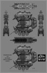  3d absurdres commentary concept_art copyright_name dated eve_online from_side greyscale highres logo military_vehicle monochrome multiple_views original reference_sheet science_fiction spacecraft tomacmuni vehicle_focus 