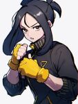  1girl black_hair black_sweater brown_eyes dendra_(pokemon) fingerless_gloves gloves hair_between_eyes loose_hair_strand medium_hair pokemon pokemon_(game) pokemon_sv ponytail rewin_(nobabys_perfect) sidelocks simple_background solo sweater teeth white_background yellow_gloves 