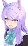  1girl :o animal_ears blush bow commentary ear_ribbon food food_on_face green_bow harakomeshi highres horse_ears horse_girl long_hair looking_at_viewer mejiro_mcqueen_(umamusume) purple_eyes purple_hair simple_background solo swept_bangs umamusume upper_body wavy_mouth white_background 