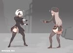  2b_(nier:automata) 2girls ammunition_belt ass belt_pouch beret black_blindfold black_dress black_gloves black_hairband black_headwear black_jacket black_thighhighs blindfold boots collared_leotard cropped_jacket crossover dress feather-trimmed_sleeves gloves goddess_of_victory:_nikke hairband hat high_heel_boots high_heels highres ishikawa_yui jacket juliet_sleeves leotard light_brown_hair long_hair long_sleeves marvel meme mole mole_under_mouth multiple_girls musan_pro nier:automata nier_(series) open_mouth pointing pointing_spider-man_(meme) pouch puffy_sleeves rapi_(nikke) short_hair spider-man_(series) standing thigh_boots thighhighs thighhighs_under_boots voice_actor_connection white_hair white_leotard 